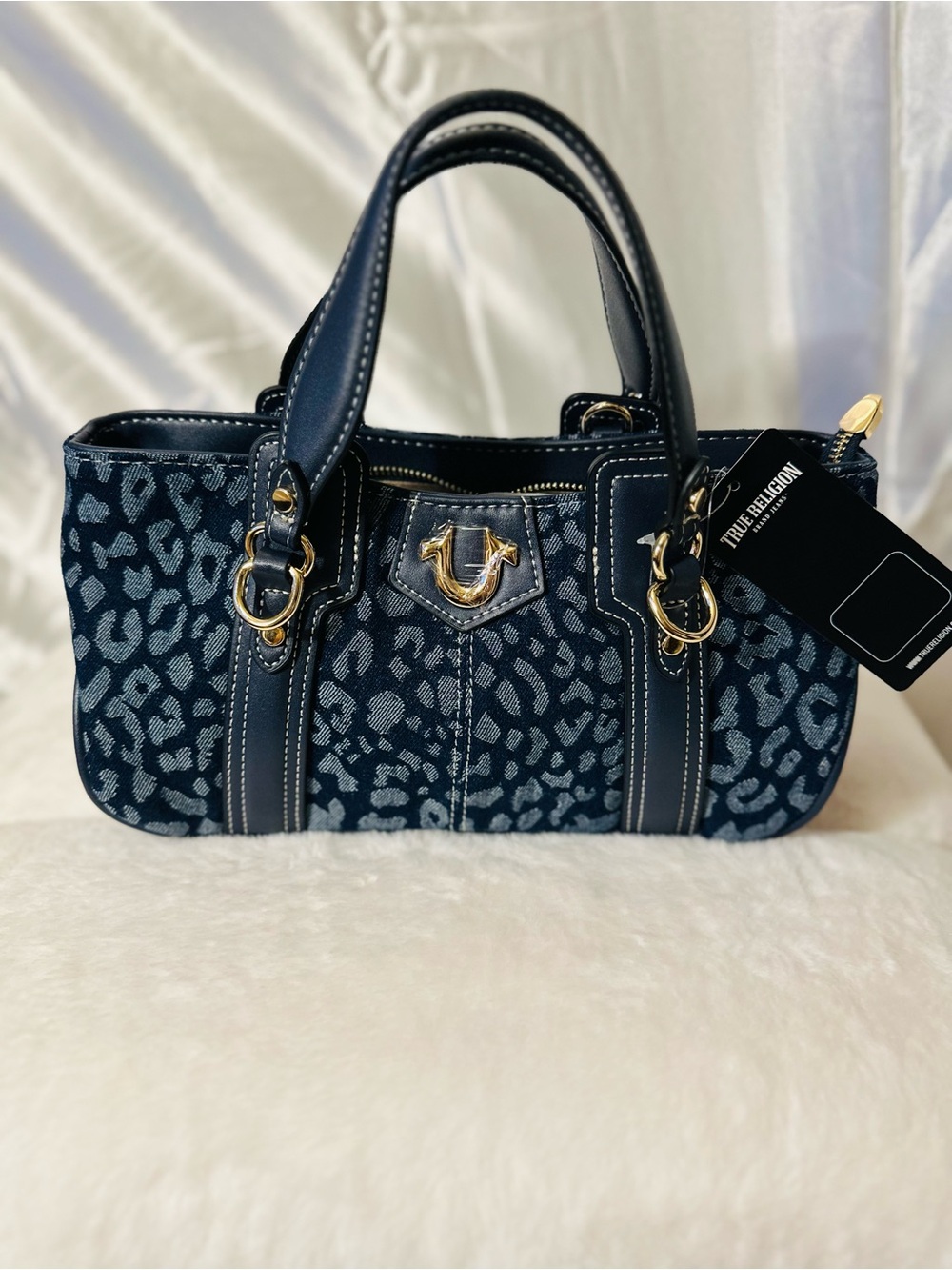 Viral True Religion Dark Blue Leopard-Print Satchel with Gold Hardware